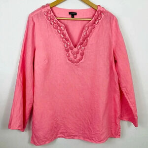 Talbots Pink Linen Beaded Neckline Tunic Top Size Medium